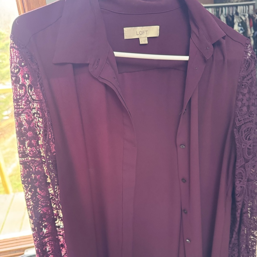 LOFT Women's Deep Purple Button Down Shirt with Lace Sleeves
